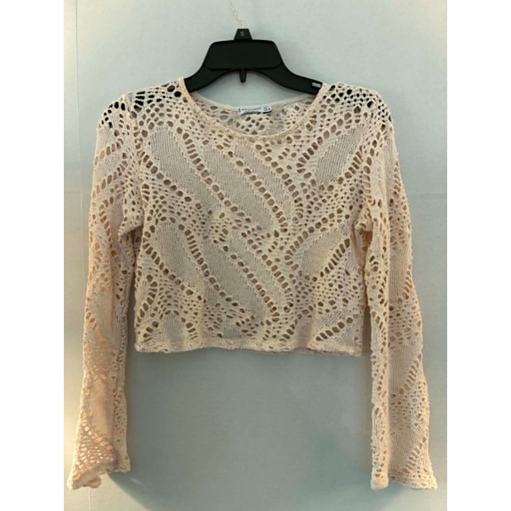 Stradivarius Womens Large Cream Open Knit Crochet Crop Sweater Boho Festival Top